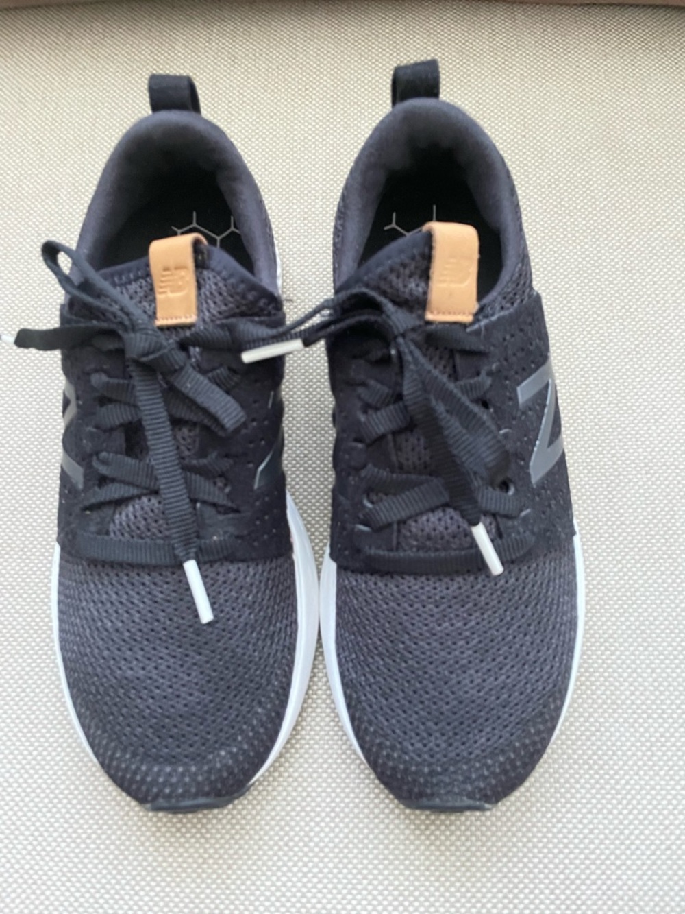 New Balance Fresh Foam Black Knit Women’s Sneakers w/White Sole & Tan Pull Tabs